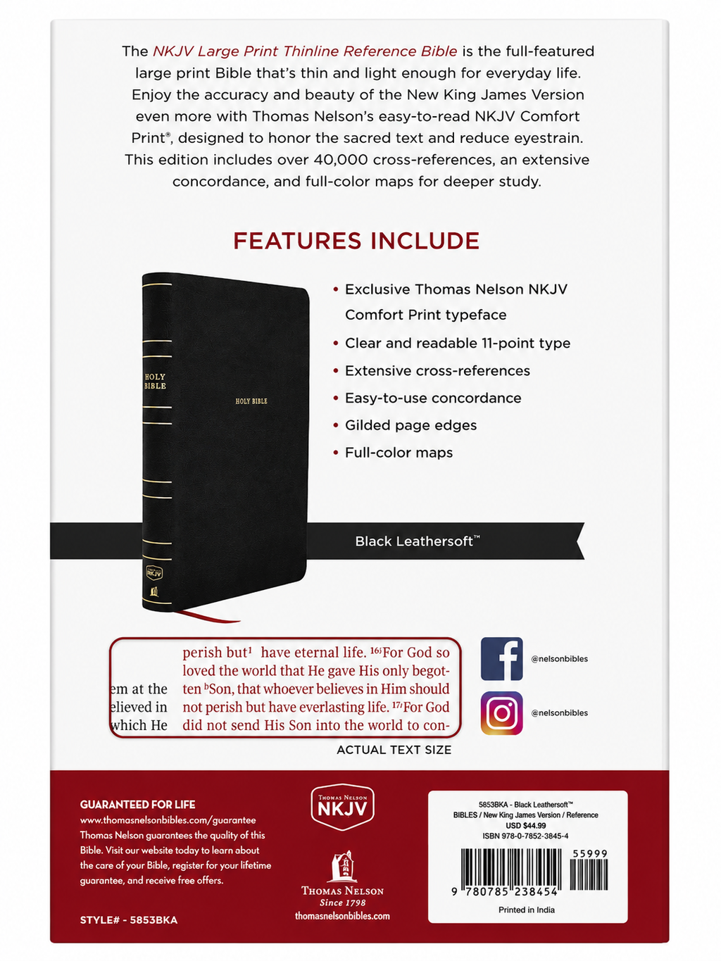 NKJV Large Print Thinline Reference Bible – Black Leathersoft Thomas Nelson