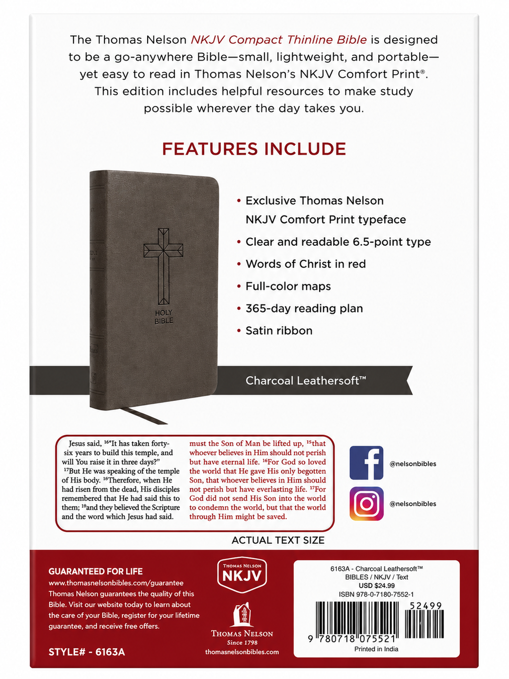 NKJV Value Thinline Bible – Compact, Charcoal Leathersoft Thomas Nelson